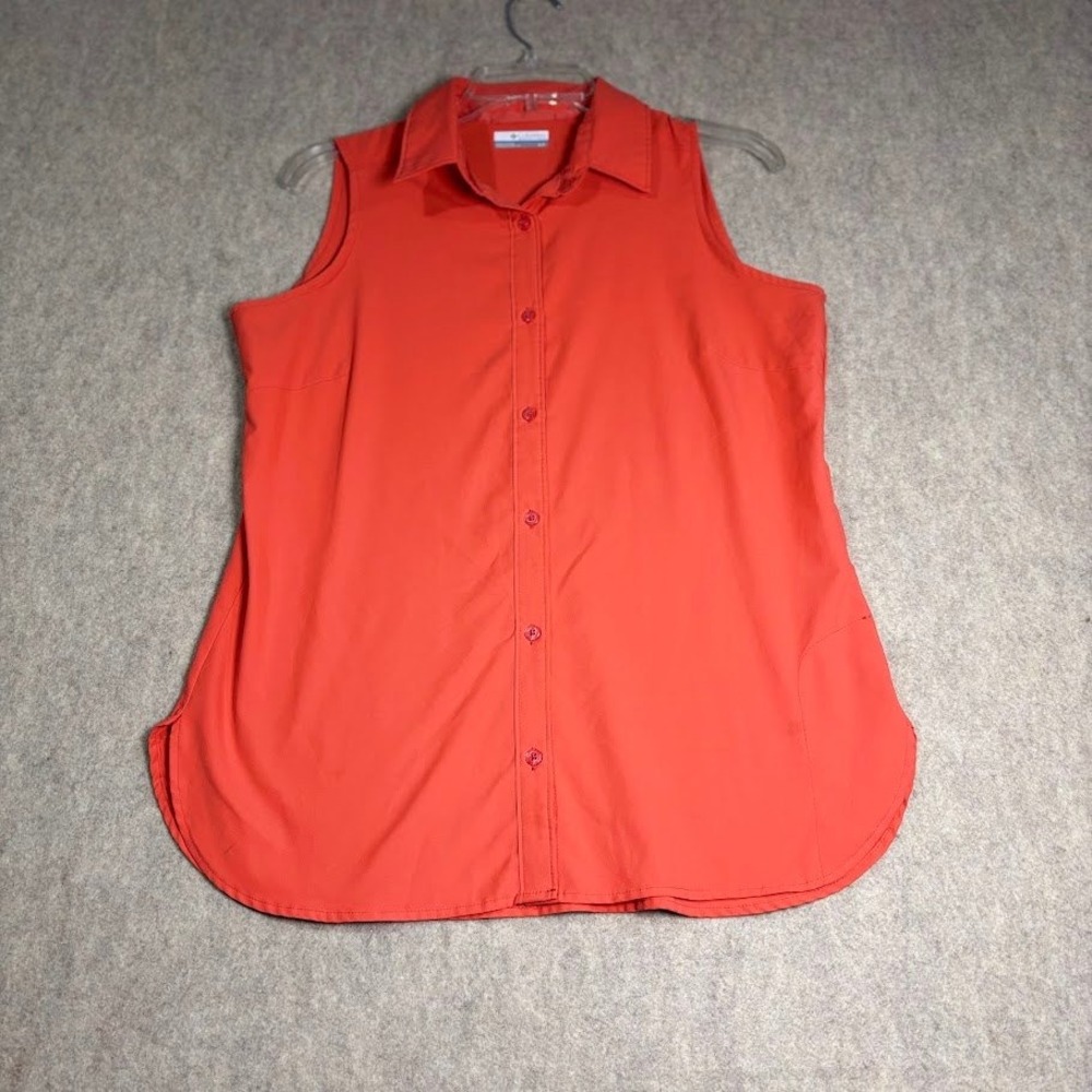 Columbia Shirt Top Womens Small S Orange Polyester Sleeveless Button Up Outdoor